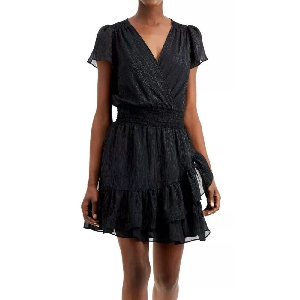 Michael Michael Kors Metallic Threaded Black Ruffle Tiered Faux Wrap Dress, Sz M